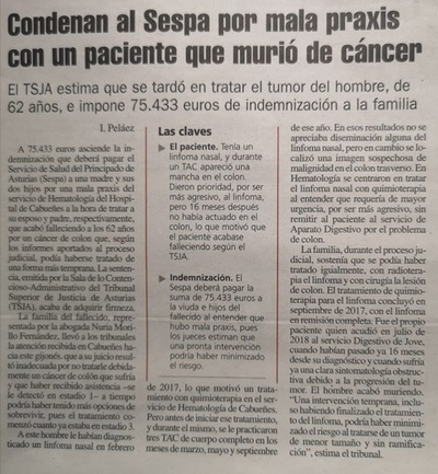 75.433 euros de indemnización a la familia de un fallecido por un tumor